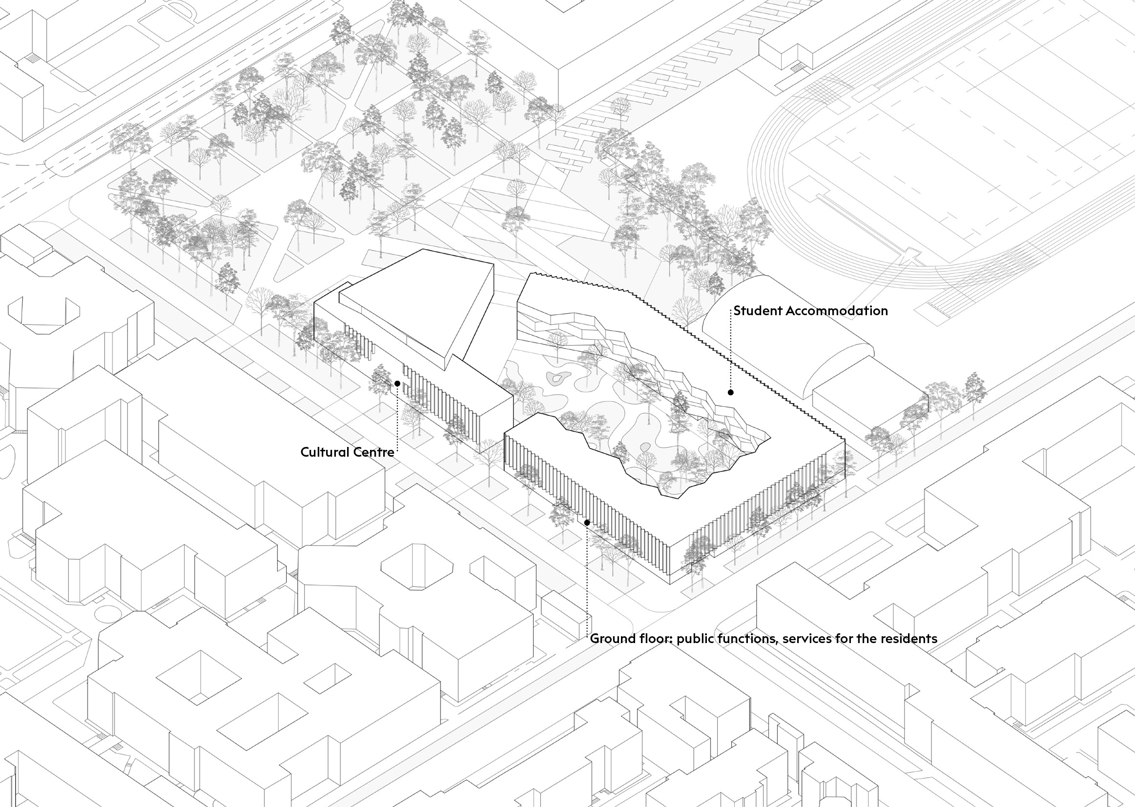Foro:  axonometric view  |  Jacob Bley Griffiths
